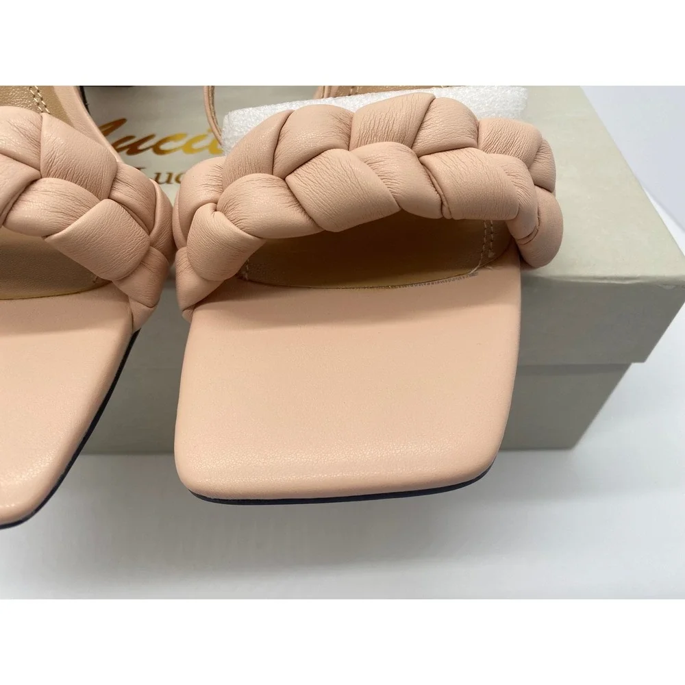 Lucibenita Nude Braided Square Toe Block Heel Sandals Ankle Strap Size 9.5 NEW